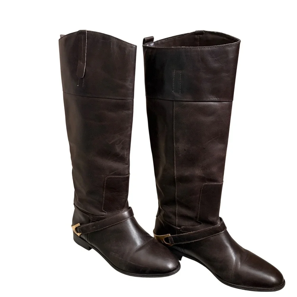 Brown Knee-High Leather‎ Riding Boots Side Strap Gold Buckle Accent Women's Sz 9